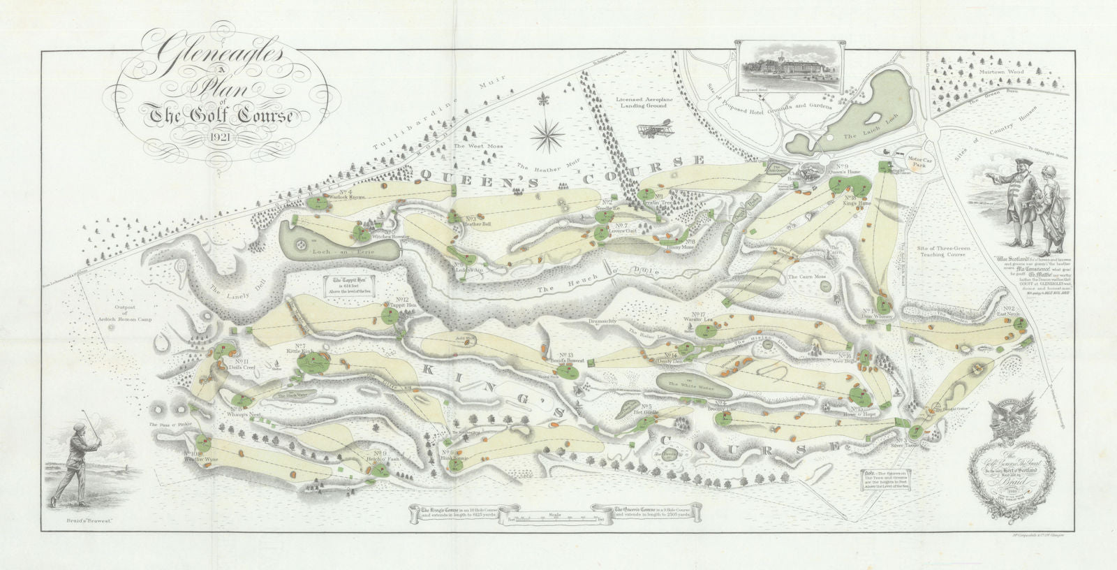 Gleneagles - A plan of the Golf Course. King's & 9 hole Queen's Courses 1921 map